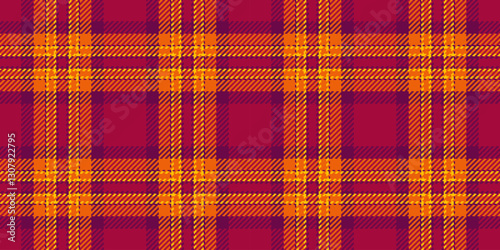 Vibrant autumnal plaid pattern in rich burgundy and orange hues.  Perfect for fallthemed designs, textile prints, website backgrounds, or seasonal branding.
