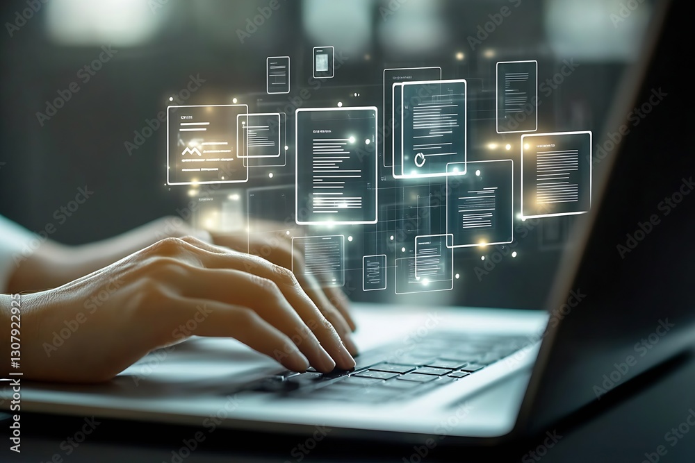 Hands typing on a laptop with floating digital documents and data for efficient work management : Generative AI