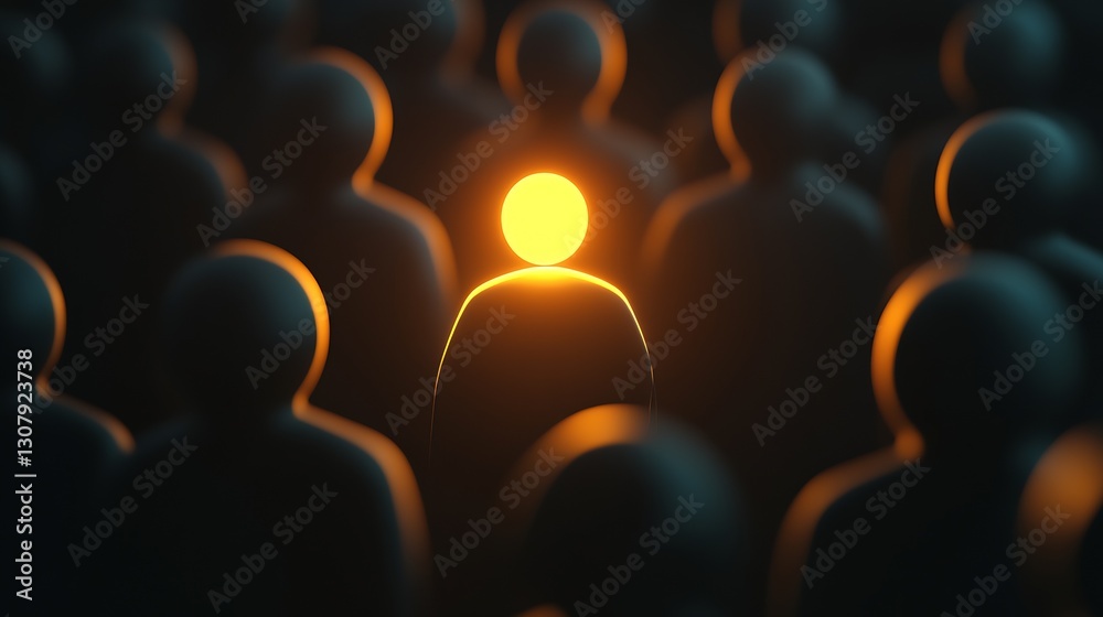 Obraz premium Illuminated figure standing out in a crowd symbolizing leadership and individuality in a dark setting : Generative AI