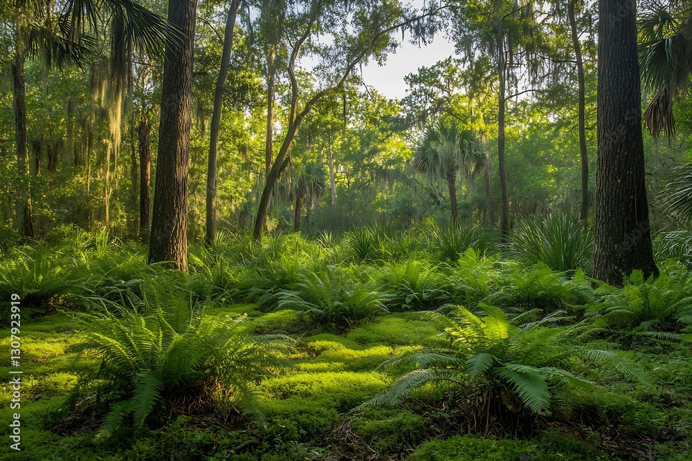 Fototapeta premium Vibrant tropical forest scene filled with lush undergrowth, providing a sanctuary for wildlife : Generative AI