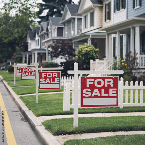 real estate for sale signs many houses available market glut concept illustration