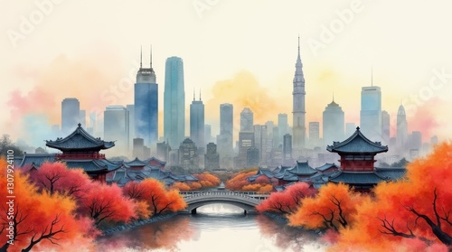 Fantasy Watercolor Skyline of Seoul's Traditional Palaces