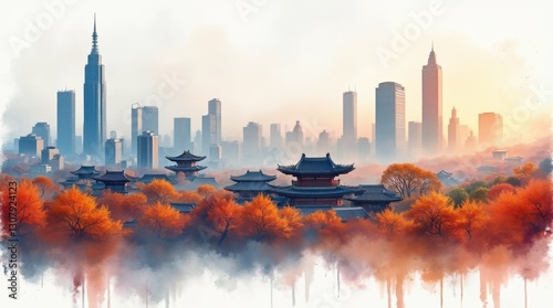 Fantasy Watercolor Skyline of Seoul's Traditional Palaces