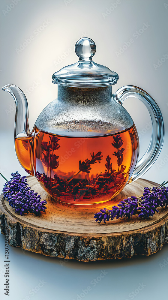 Glass Teapot with Lavender Tea Realistic Illustration Glass Teapot with Lavender Tea Realistic Illustration