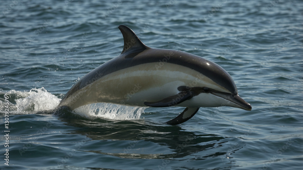 Fototapeta premium A streamlined dolphin, silver and grey, gracefully arched as if swimming