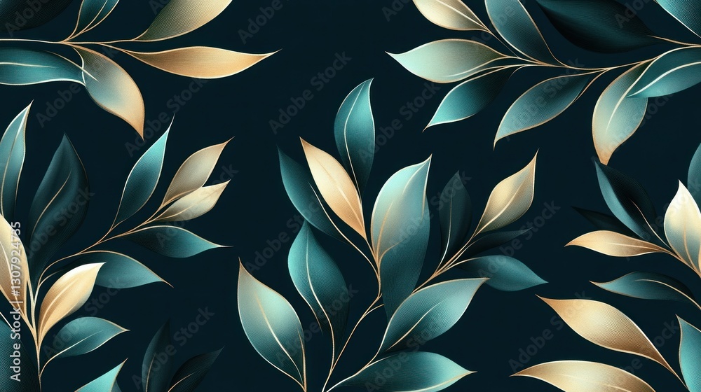 Fototapeta premium Decorative leaves pattern on dark background for wallpaper or fabric