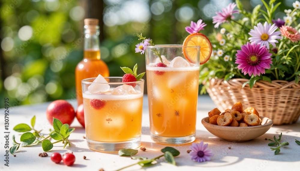 Aperol Spritz cocktails with ice, fruit garnish, and flowers, served outdoors on a sunny day with snacks.