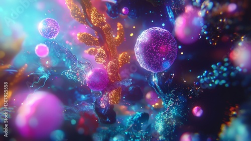 A fantasy-inspired microscopic world showing Campylobacter jejuni, surrounded by ethereal light orbs and colorful holographic effects, rendered in a dreamlike and imaginative 3D style