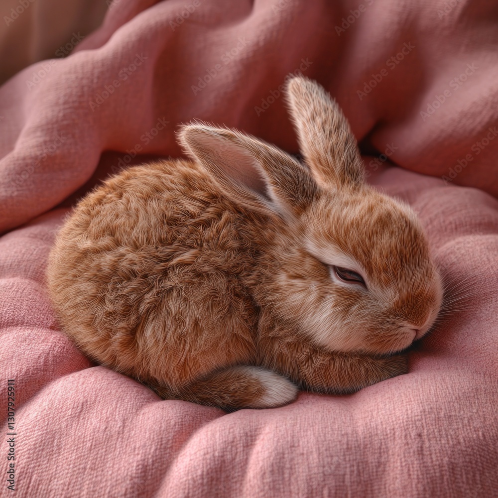 Naklejka premium Sleeping Bunny on Pink Blanket