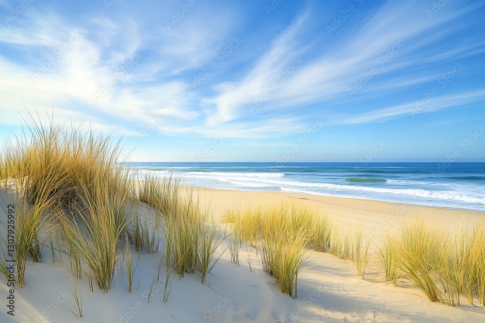 Stunning view of sandy beach with grass and waves under a vibrant blue sky : Generative AI Stunning view of sandy beach with grass and waves under a vibrant blue sky : Generative AI