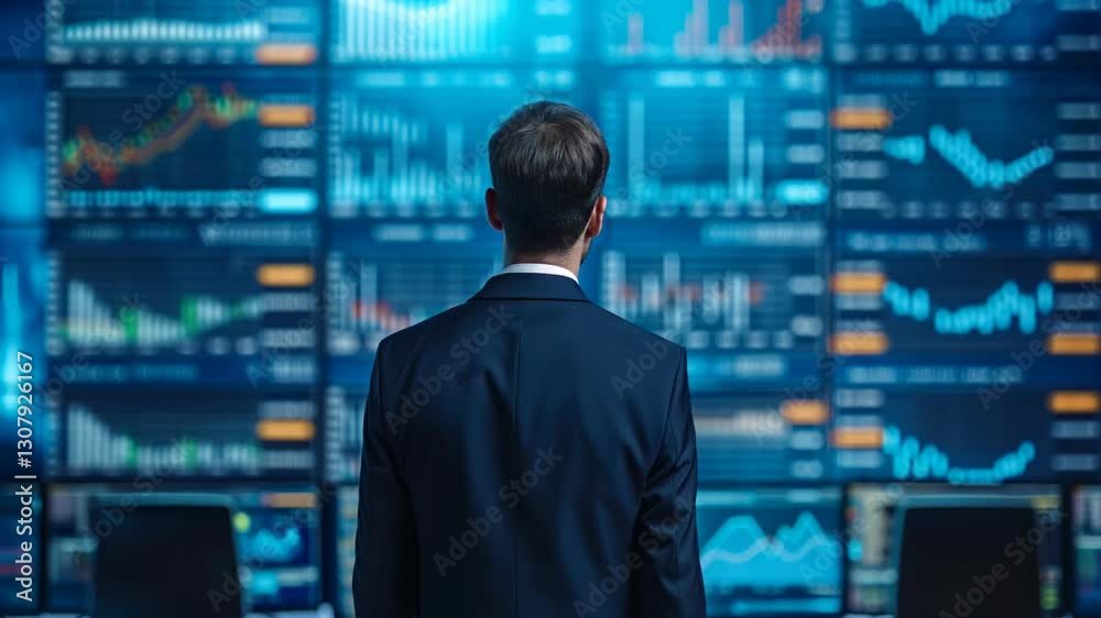 A businessman in a suit standing in front of a financial data screen, analyzing market trends. Concept of finance, economy, and stock trading. A businessman in a suit standing in front of a financial data screen, analyzing market trends. Concept of finance, economy, and stock trading.
