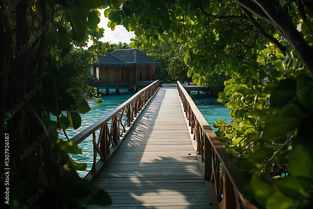 Obraz premium Charming wooden bridge connecting overwater bungalows through vibrant tropical greenery in tranquil waters : Generative AI