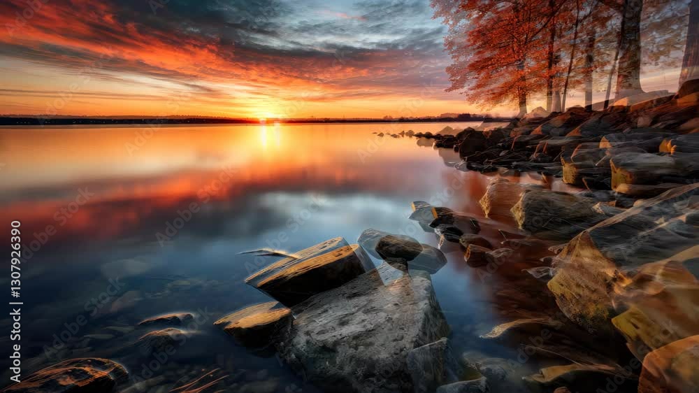 Stones rest in the lake, embraced by the gentle hues of sunrise in a captivating landscape. Ai Generated.