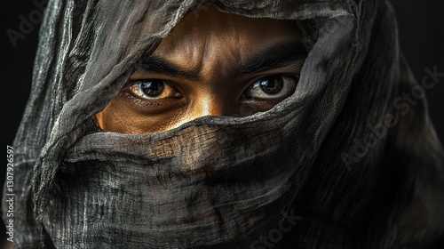 Intense Gaze of a Mysterious Figure Wrapped in Dark Fabric Veil
