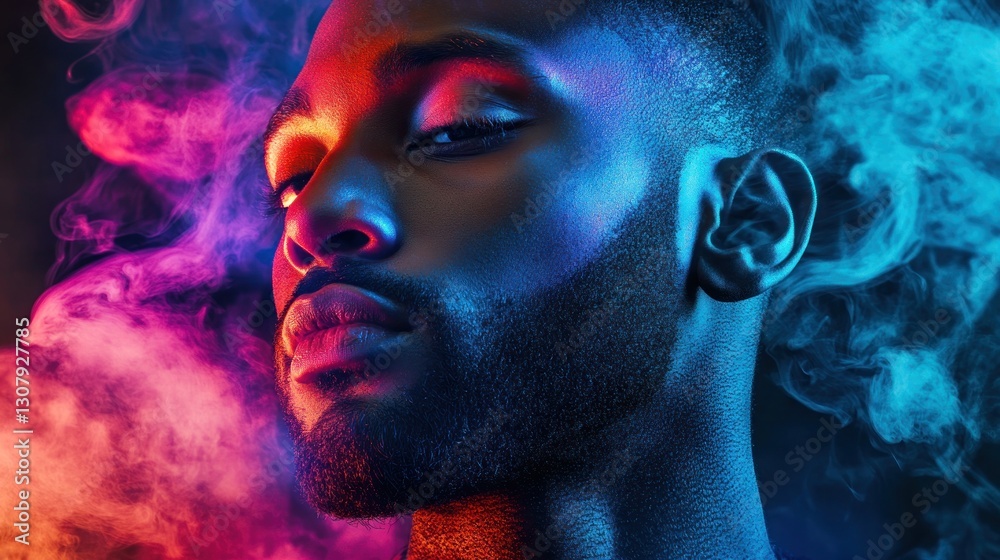 A captivating portrait of a black man illuminated by vibrant neon lights and ethereal smoke, radiating confidence A captivating portrait of a black man illuminated by vibrant neon lights and ethereal smoke, radiating confidence