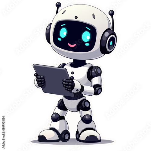 funny cartoon robot android using tablet