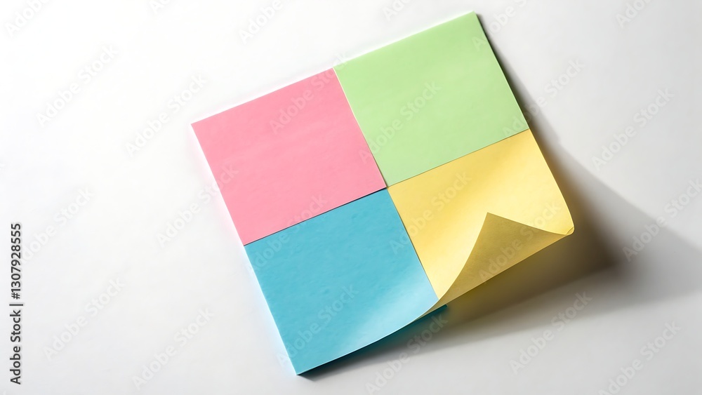  neatly arranged set of colorful sticky notes in pink, blue, green, and yellow, placed on a clean white surface.