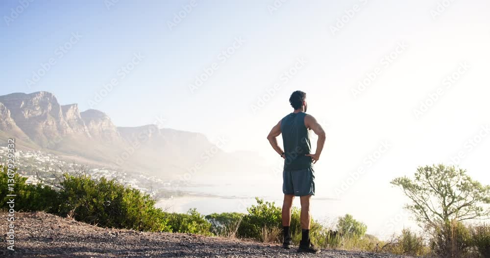 Rest, fitness and back of man on mountain with scenic view for wellness, health and relax in morning. Sports, mockup space and person on break for exercise, marathon training and workout outdoors Rest, fitness and back of man on mountain with scenic view for wellness, health and relax in morning. Sports, mockup space and person on break for exercise, marathon training and workout outdoors