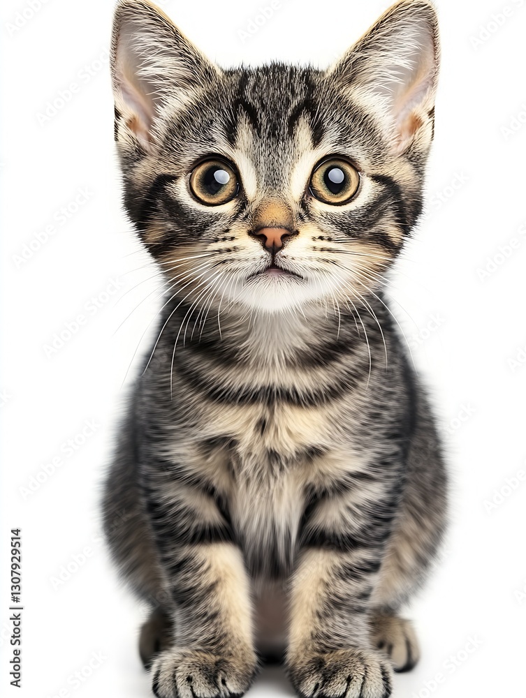 Obraz premium Adorable striped kitten with large round eyes and curious expression sitting against a white background : Generative AI