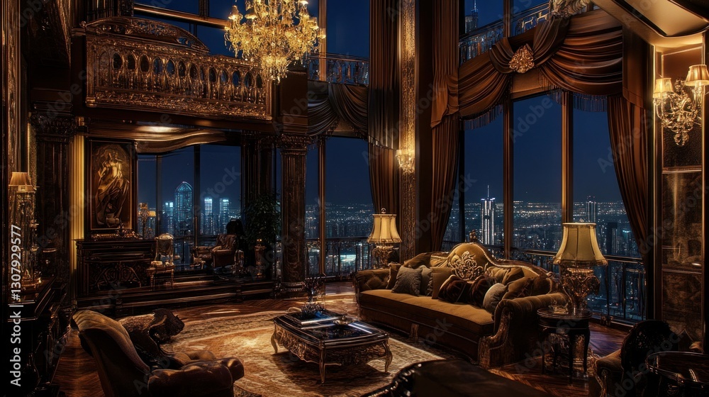 Opulent penthouse interior with city views at night illuminating the interior with luxury and sophistication Opulent penthouse interior with city views at night illuminating the interior with luxury and sophistication