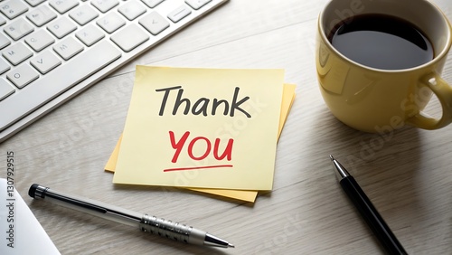 : A neatly written "Thank You" note on a yellow sticky paper, placed on a cozy wooden desk beside a warm cup of coffee