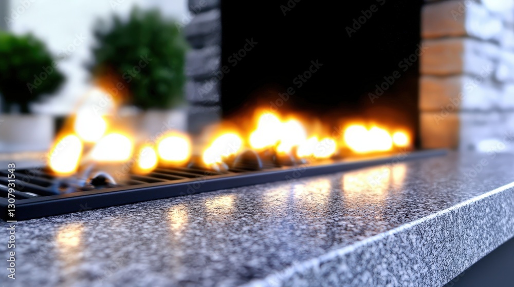 Close-up of modern outdoor fireplace with flickering flames on granite surface.