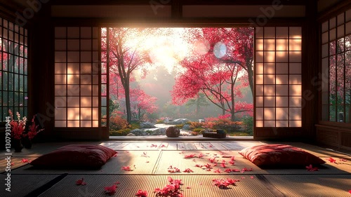Japanese tatami room with autumn maple trees glowing under golden sunlight. Seamless looping 4K time-lapse animation video background