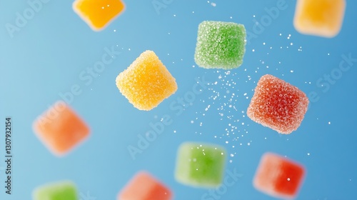 Bright assorted gummy candy cubes floating in mid-air creating a delightful experience : Generative AI