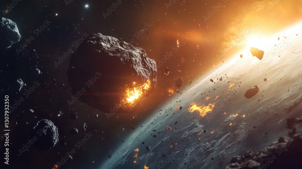 Fototapeta premium Widok kosmosu z asteroidami i eksplozjami