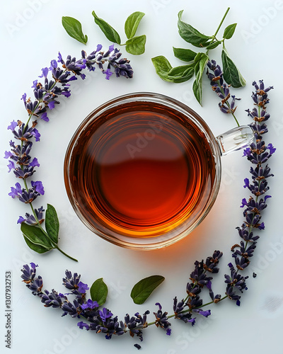Aromatic Lavender Tea in Glass Cup, Herbal Beverage Photo