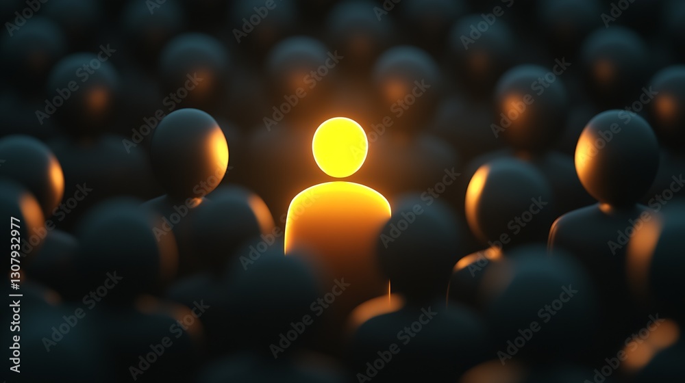 Obraz premium Bright figure radiating light in a sea of dark silhouettes representing influence and presence : Generative AI