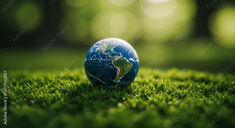 Earth resting on green moss, close-up, environmental awareness Earth resting on green moss, close-up, environmental awareness