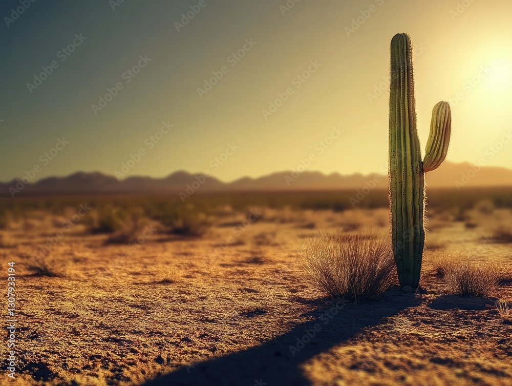 Lone saguaro cactus silhouette against desert sunset landscape backdrop Lone saguaro cactus silhouette against desert sunset landscape backdrop