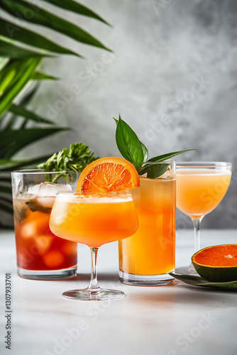 Bunte Cocktails in eleganten Gläsern auf hellem Hintergrund arrangiert
