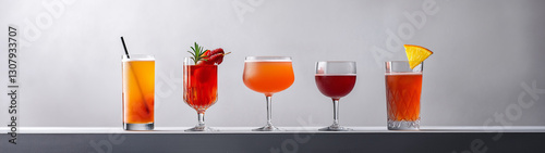 Bunte Cocktails in eleganten Gläsern auf hellem Hintergrund arrangiert

