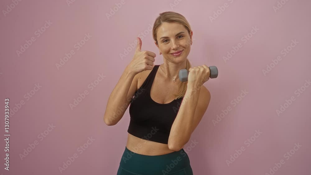 Woman exercising with dumbbell against pink background showing thumbs up and smiling Woman exercising with dumbbell against pink background showing thumbs up and smiling