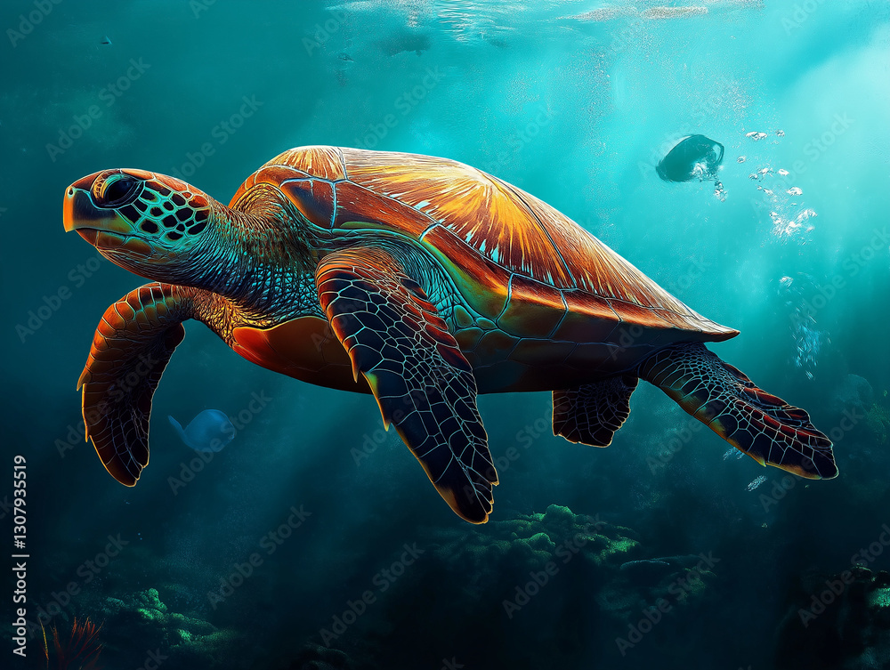 Fototapeta premium Schildkröte schwimmt elegant durch das klare Wasser eines Korallenriffs