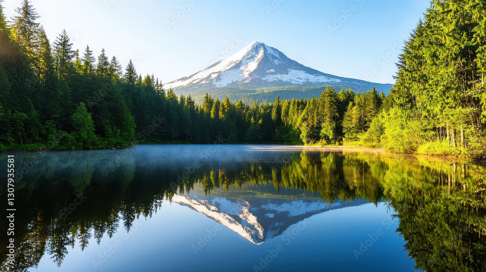 Majestic mountain peak reflecting in serene lake surrounded by lush trees