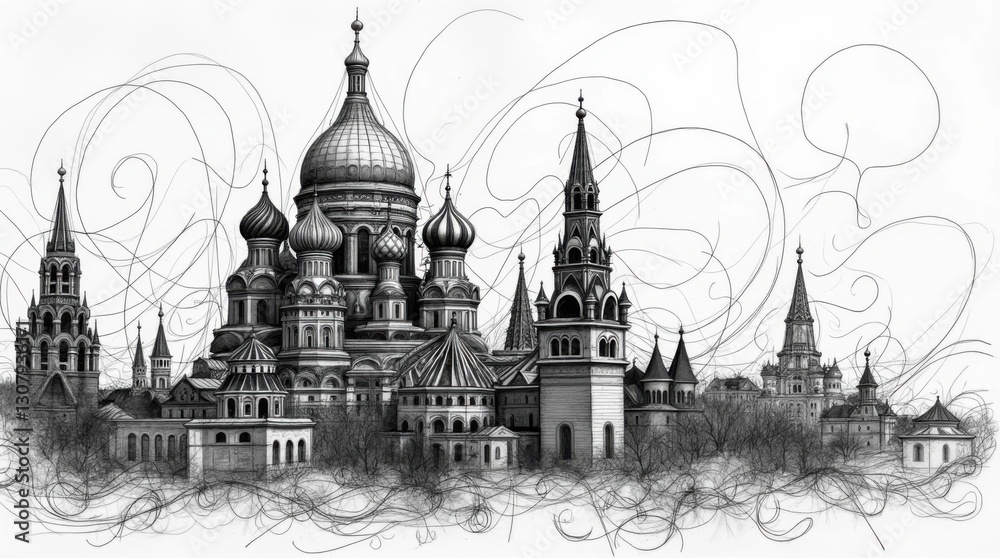 Obraz premium Hyper-Detailed Ink Drawing of Moscow's Historic Architecture