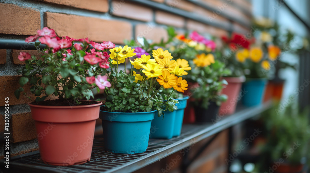 Naklejka premium Small-Space Balcony Garden with Colorful Potted Flowers on a Metal Shelf
