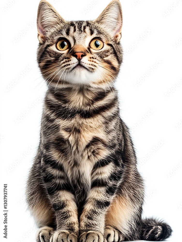 Obraz premium Expressive Tabby Cat with Incredible Green Eyes Captured in a Playful Pose on a White Surface : Generative AI