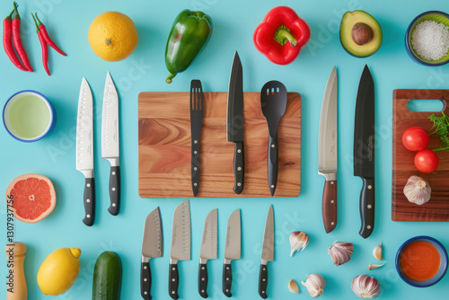 A flat lay of kitchen essentials including knives, cutting boards, and colorful ingredients photo