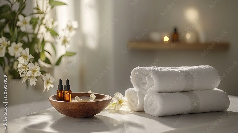 Serene Spa Setting: White Towels, Essential Oils, and Blossoms Serene Spa Setting: White Towels, Essential Oils, and Blossoms