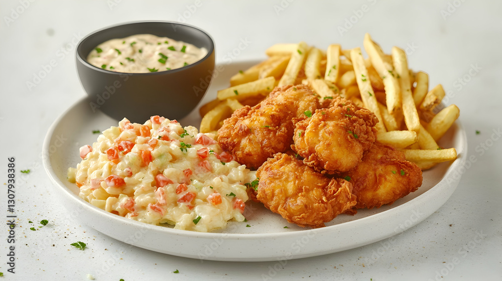 Crispy Fried Fish Bites with French Fries, Creamy Coleslaw, and Tartar Sauce - A Realistic Food Photography Image