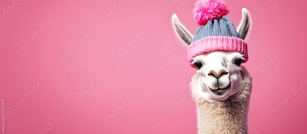 Fototapeta premium funny llama in a cap, April Fool's Day, on a pink background, banner, place for text