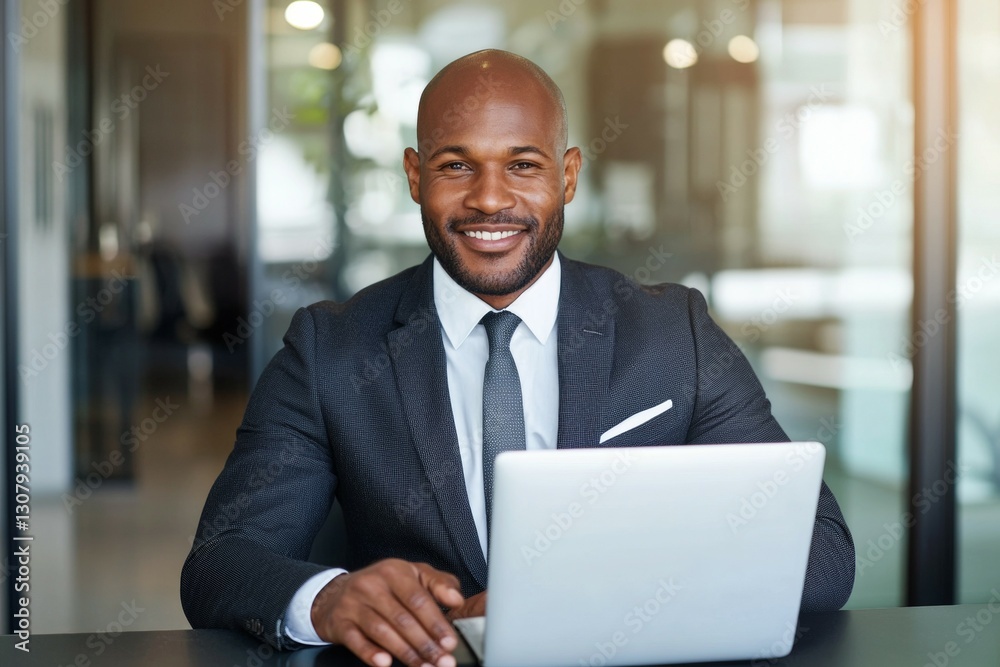 Man in a suit and tie is sitting at a desk with a laptop in front of him Man in a suit and tie is sitting at a desk with a laptop in front of him