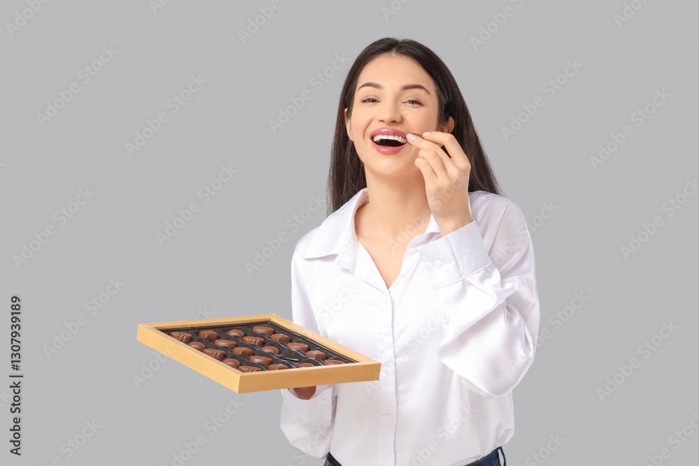 Beautiful young woman with chocolate candies on grey background Beautiful young woman with chocolate candies on grey background