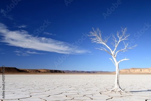 Lone tree stands in a barren desert landscape photo