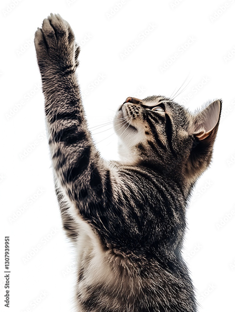 Fototapeta premium Adorable Tabby Cat with Delicate Features Gracefully Reaching Upward in a Bright Scene : Generative AI
