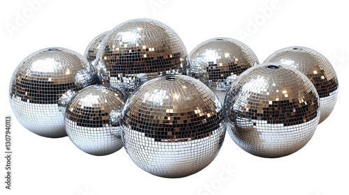 Silver Disco Balls Rotate and Reflect Light, Isolated on a White Background